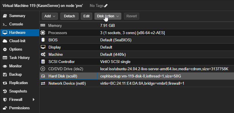 Disk Action dropdown